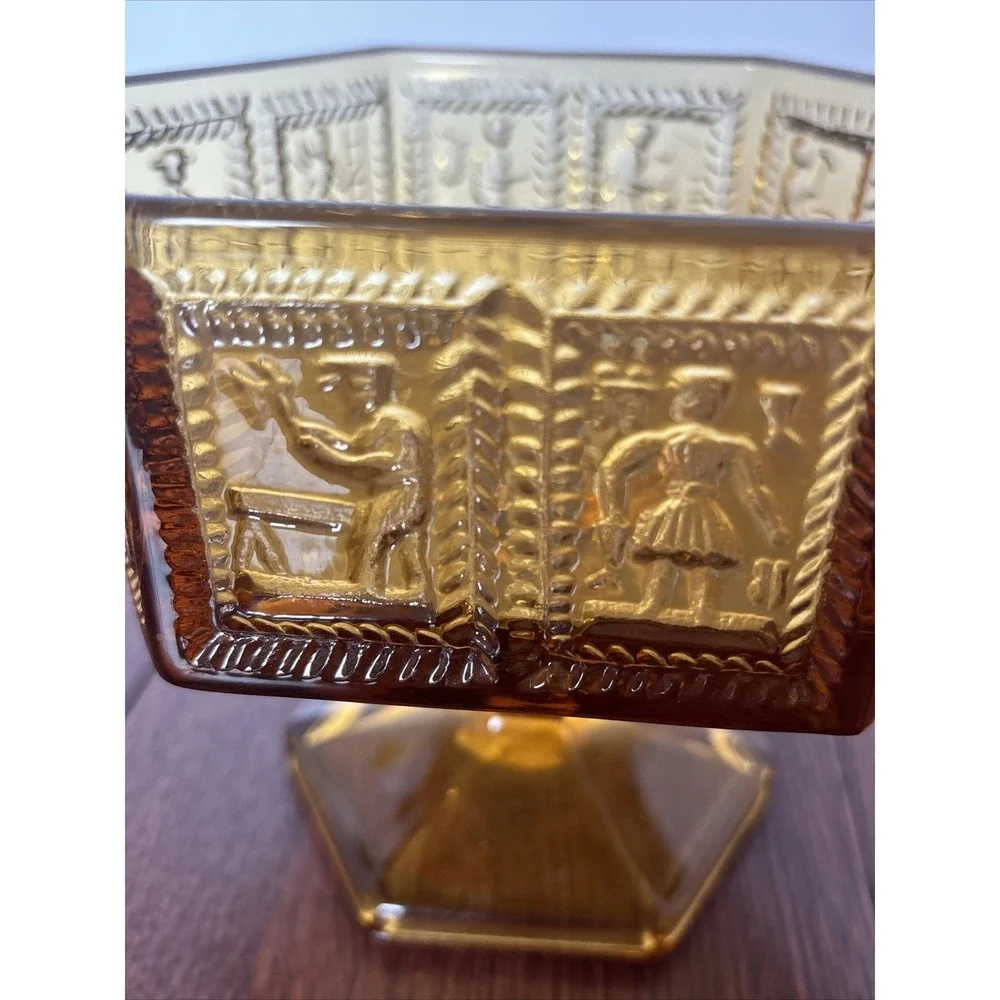 Vintage Imperial Glass Springerle Amber Pedestal Compote Candy Dish With Sticker